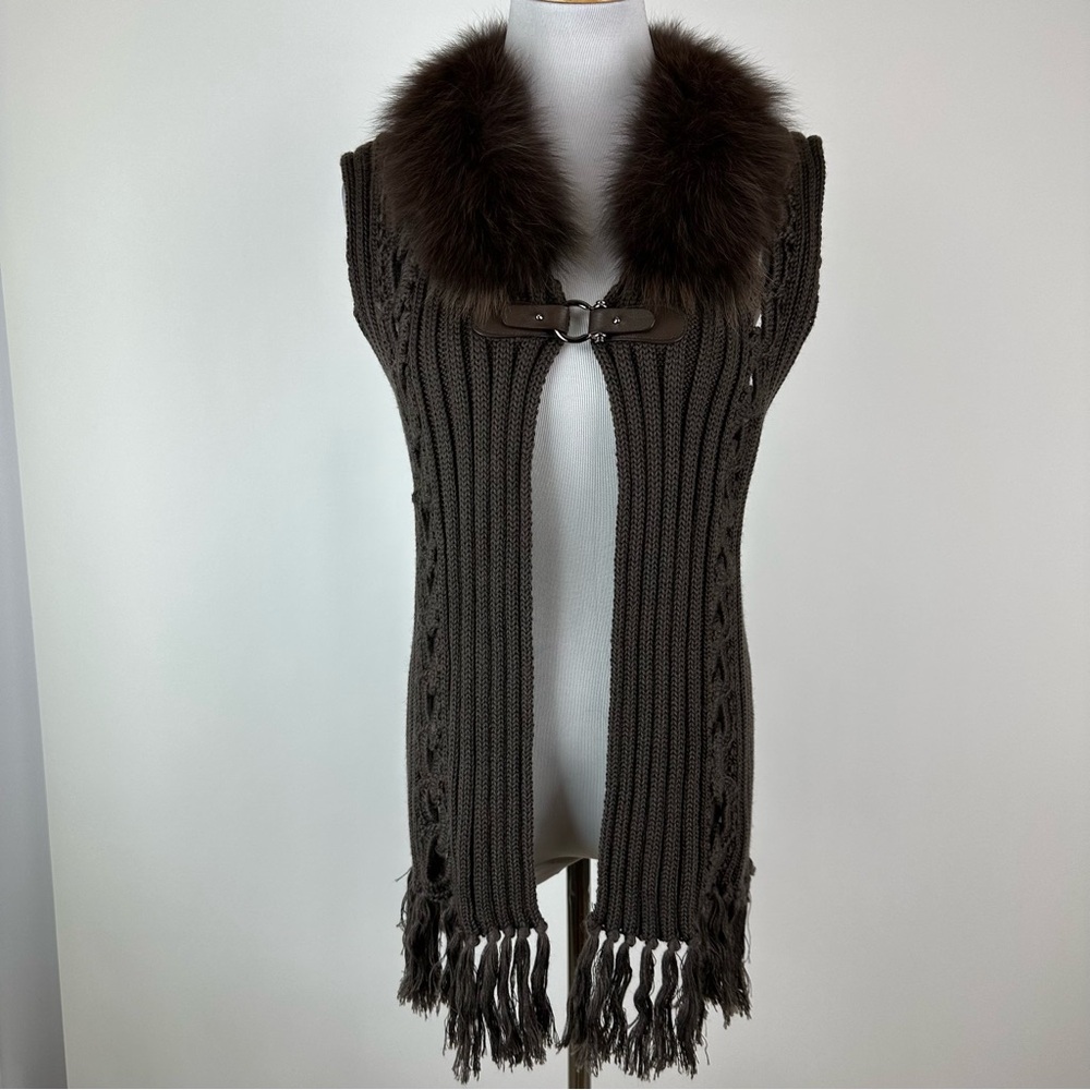 Dana Stein Brown Fur Trim Sweater Vest Size Small
